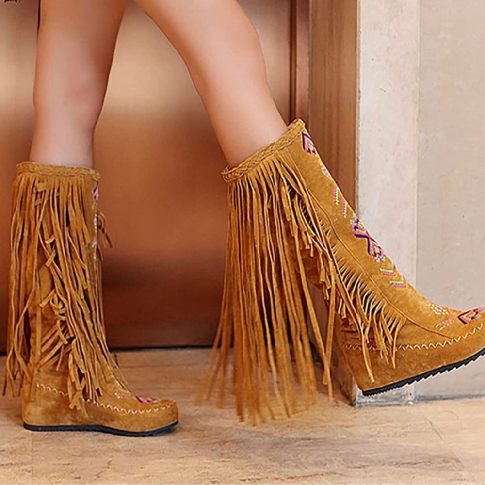 Ladies Moccasin Knee High Suede Wide Calf Leg Boots, Tan,